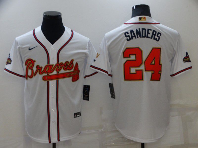 Men Atlanta Braves 24 Sanders White Gold Game Nike 2022 MLB Jersey